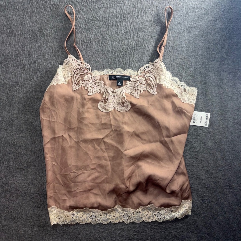 INC International Concepts Intimates Lace Trim Camisole Top Fox Brown Medium NEW